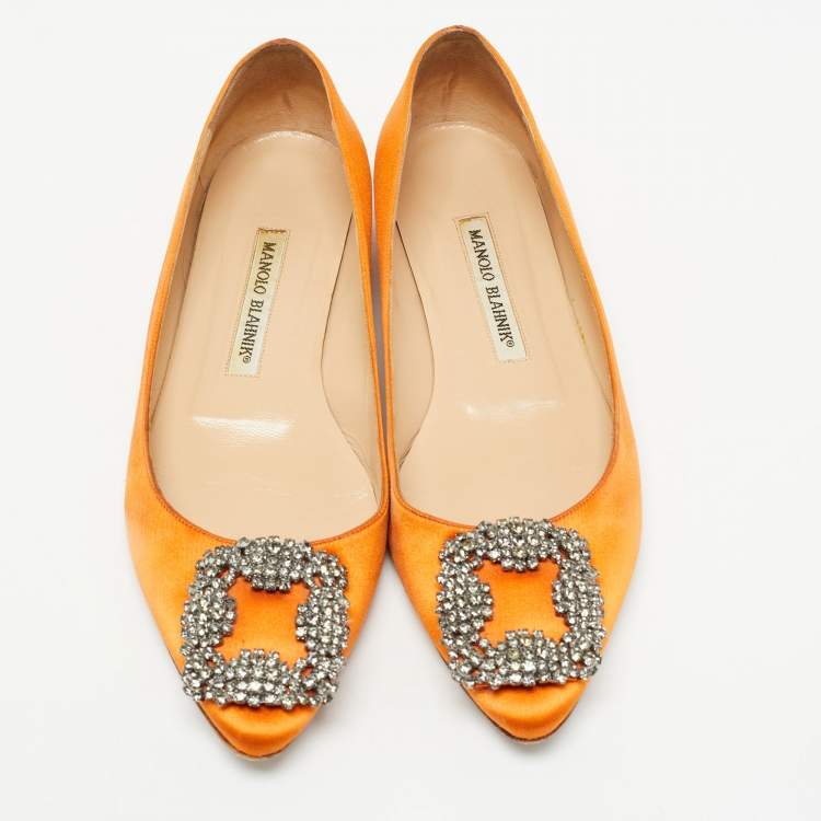 Pre Owned Manolo Blahnik Orange Satin Hangisi Ballet Flats Size 37