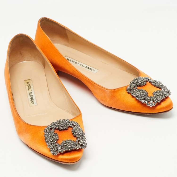 Pre Owned Manolo Blahnik Orange Satin Hangisi Ballet Flats Size 37
