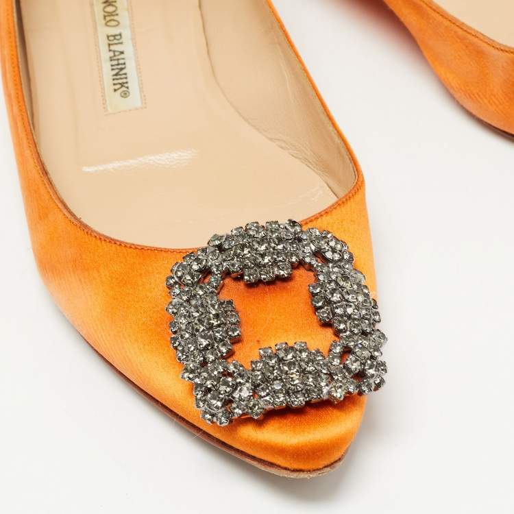 Pre Owned Manolo Blahnik Orange Satin Hangisi Ballet Flats Size 37
