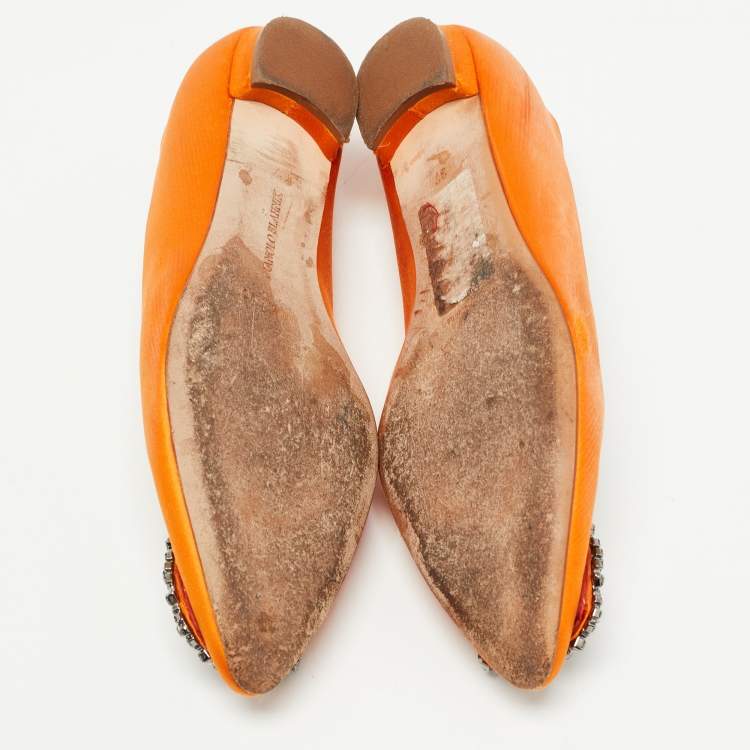 Pre Owned Manolo Blahnik Orange Satin Hangisi Ballet Flats Size 37