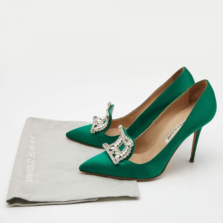 Pre Owned Manolo Blahnik Green Satin Crystal Embellished Borlak Pumps Size 37