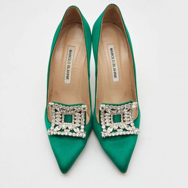 Pre Owned Manolo Blahnik Green Satin Crystal Embellished Borlak Pumps Size 37