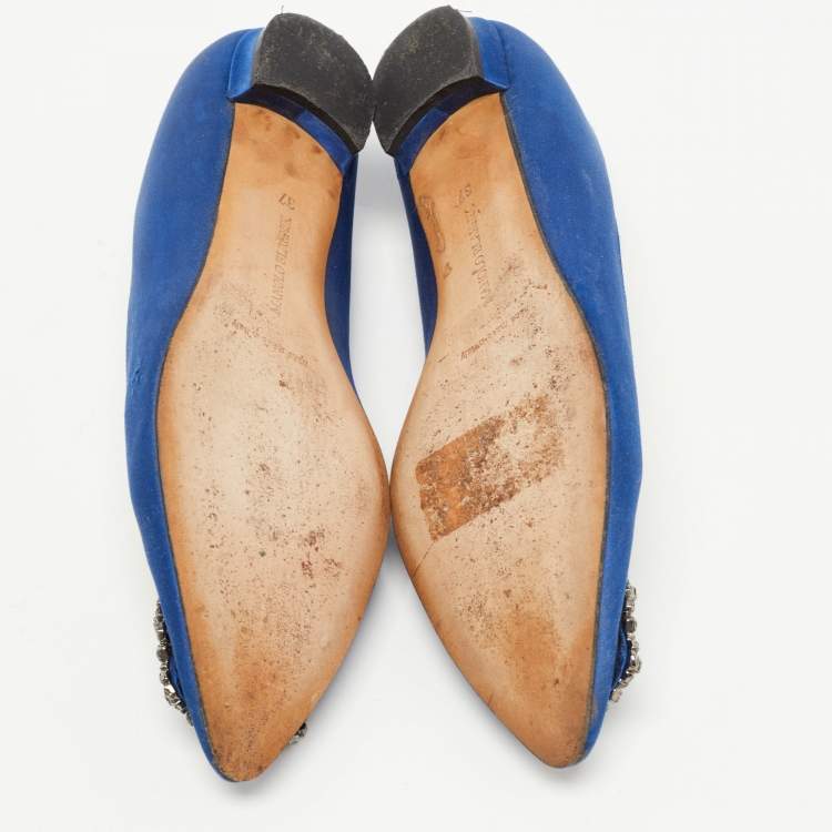 Pre Owned Manolo Blahnik Blue Satin Hangisi Ballet Flats Size 37 