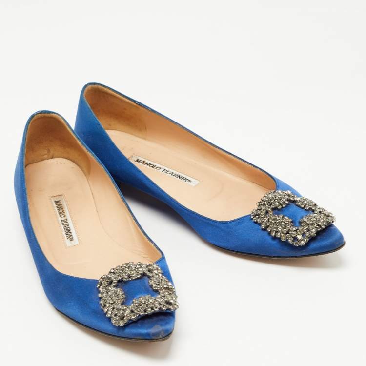 Pre Owned Manolo Blahnik Blue Satin Hangisi Ballet Flats Size 37 