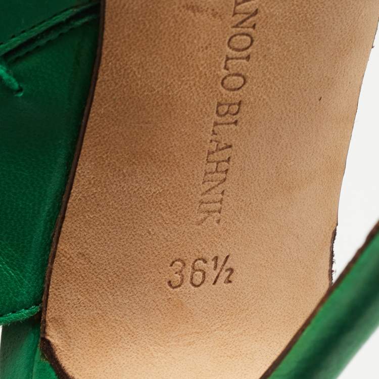 Pre Owned Manolo Blahnik Green Leather Ankle Strap Sandals Size 36.5