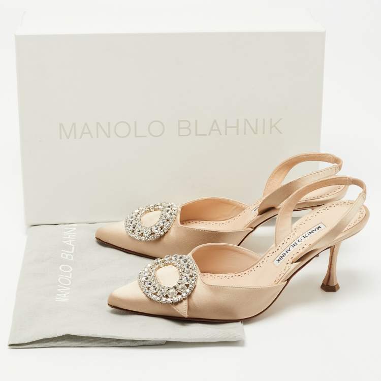 Pre Owned Manolo Blahnik Beige Satin Prietasli Slingback Pumps Size 36