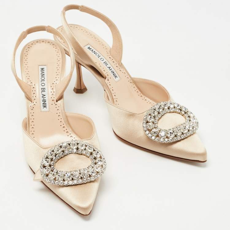 Pre Owned Manolo Blahnik Beige Satin Prietasli Slingback Pumps Size 36