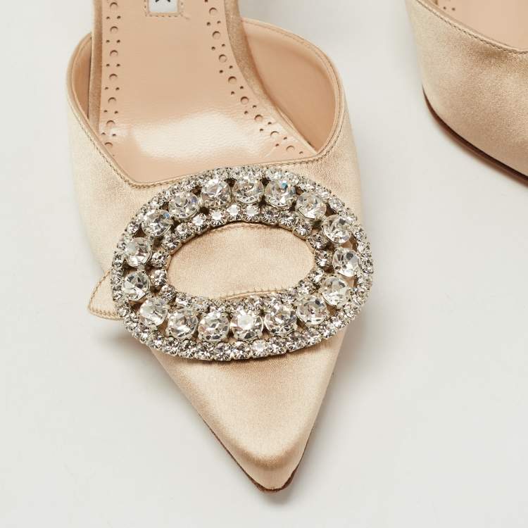 Pre Owned Manolo Blahnik Beige Satin Prietasli Slingback Pumps Size 36