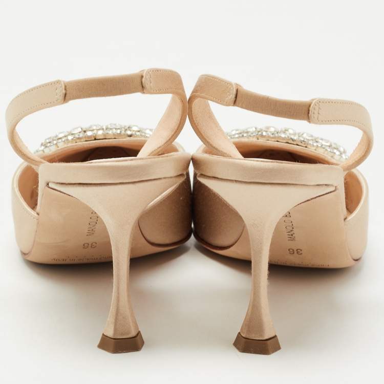 Pre Owned Manolo Blahnik Beige Satin Prietasli Slingback Pumps Size 36