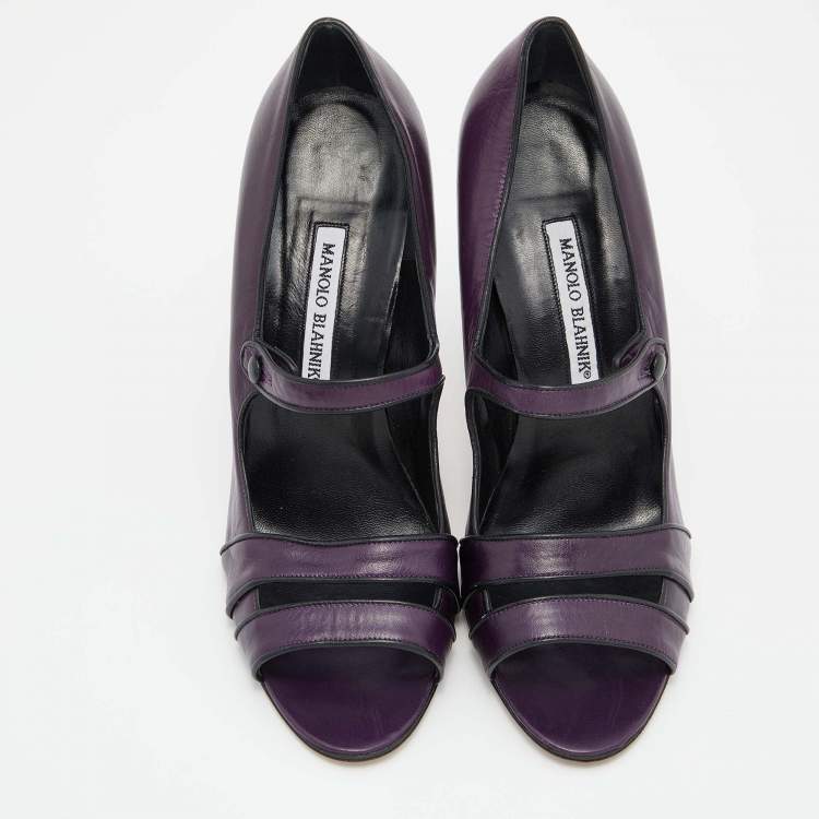 Pre Owned Manolo Blahnik Purple Leather Juanita Mary Jane Pumps Size 40.5