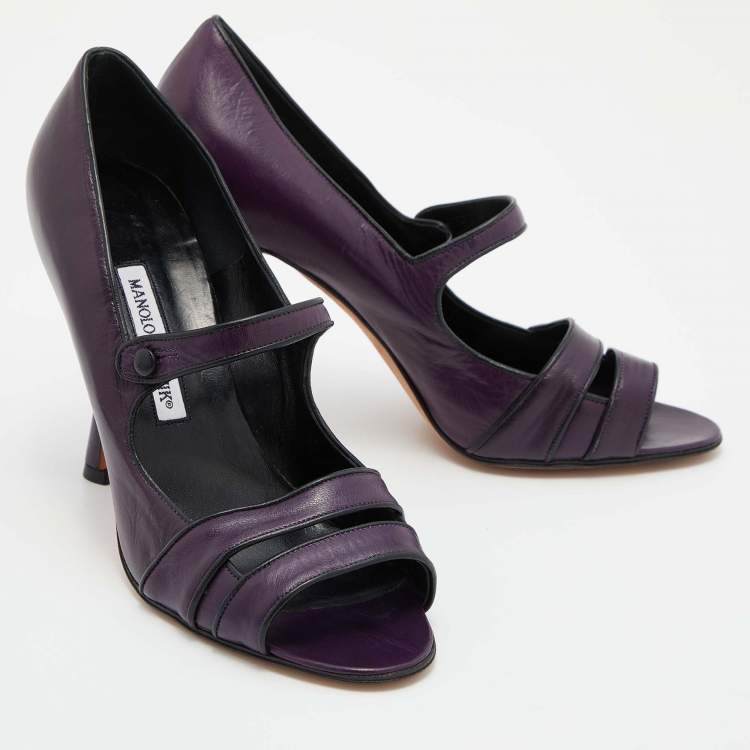 Pre Owned Manolo Blahnik Purple Leather Juanita Mary Jane Pumps Size 40.5