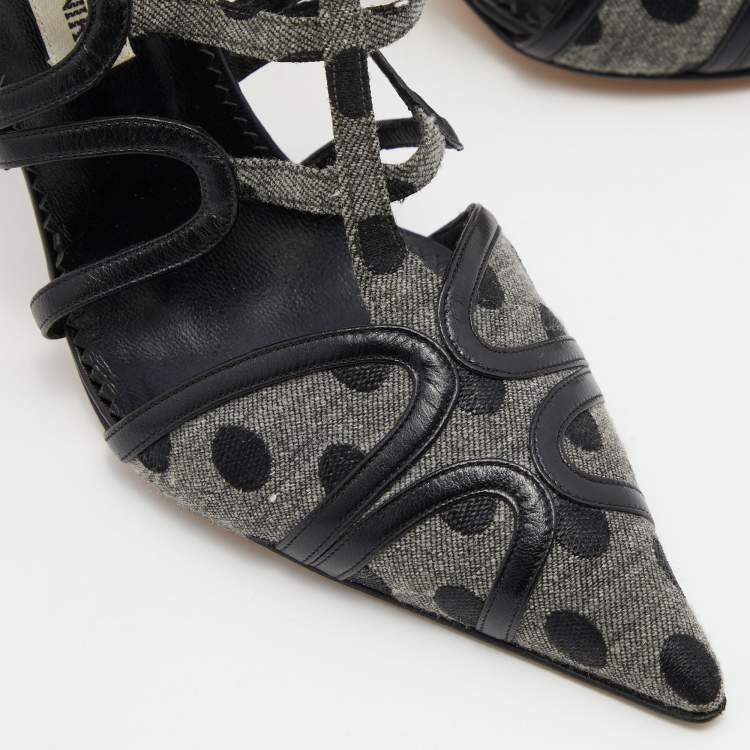 Pre Owned Manolo Blahnik Grey/Black Spots Canvas and Leather Spartel Pumps Size 40