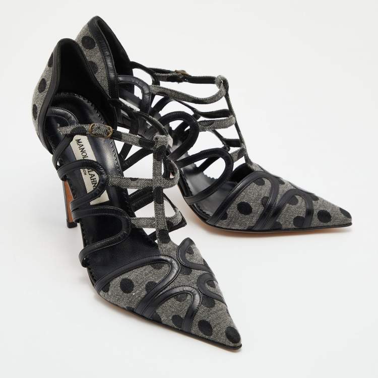 Pre Owned Manolo Blahnik Grey/Black Spots Canvas and Leather Spartel Pumps Size 40