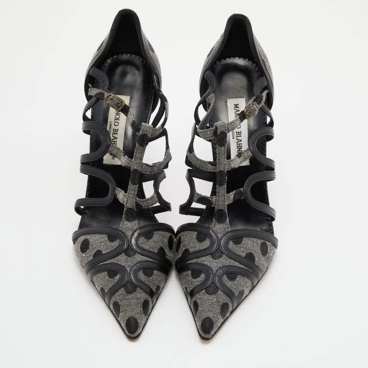 Pre Owned Manolo Blahnik Grey/Black Spots Canvas and Leather Spartel Pumps Size 40