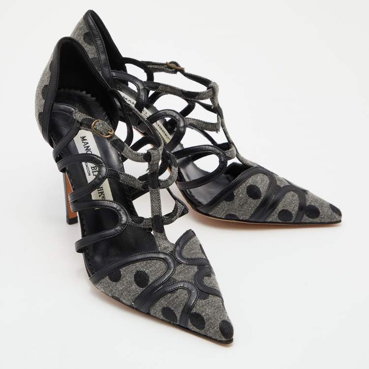 Pre Owned Manolo Blahnik Grey/Black Spots Canvas and Leather Spartel Pumps Size 37