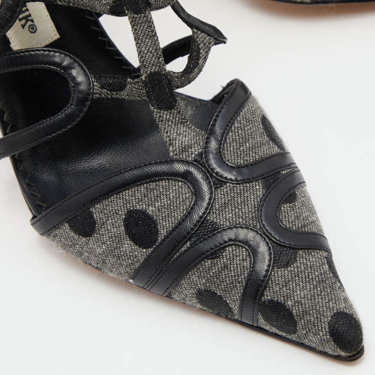 Pre Owned Manolo Blahnik Grey/Black Spots Canvas and Leather Spartel Pumps Size 37