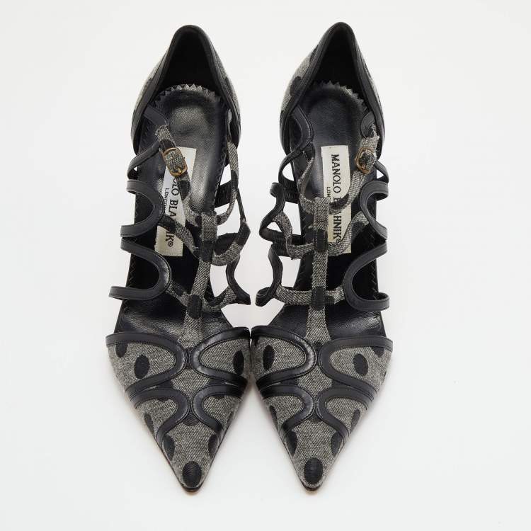 Pre Owned Manolo Blahnik Grey/Black Spots Canvas and Leather Spartel Pumps Size 37