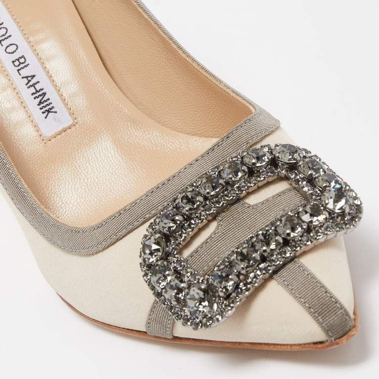 Pre Owned Manolo Blahnik Beige/Grey Satin Gotrian Crystal Embellished Pumps Size 37