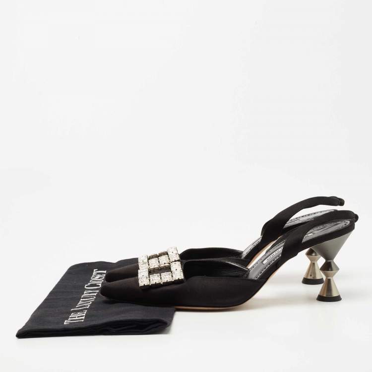 Pre Owned Manolo Blahnik  Black Satin Crystal Embellished Pointed Toe Slingback Pumps Size 39