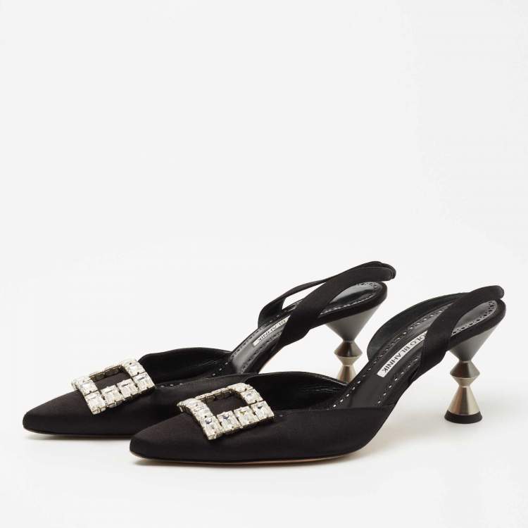 Pre Owned Manolo Blahnik  Black Satin Crystal Embellished Pointed Toe Slingback Pumps Size 39
