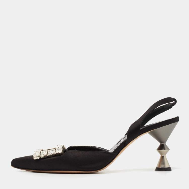 Pre Owned Manolo Blahnik  Black Satin Crystal Embellished Pointed Toe Slingback Pumps Size 39