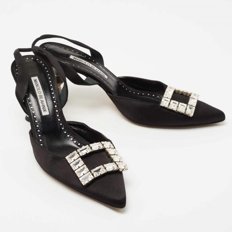 Pre Owned Manolo Blahnik  Black Satin Crystal Embellished Pointed Toe Slingback Pumps Size 39