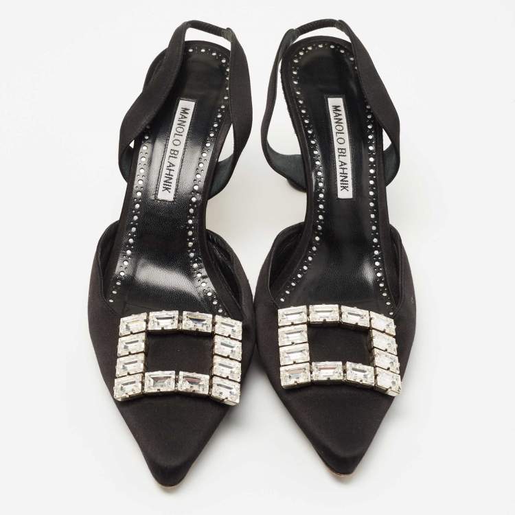 Pre Owned Manolo Blahnik  Black Satin Crystal Embellished Pointed Toe Slingback Pumps Size 39
