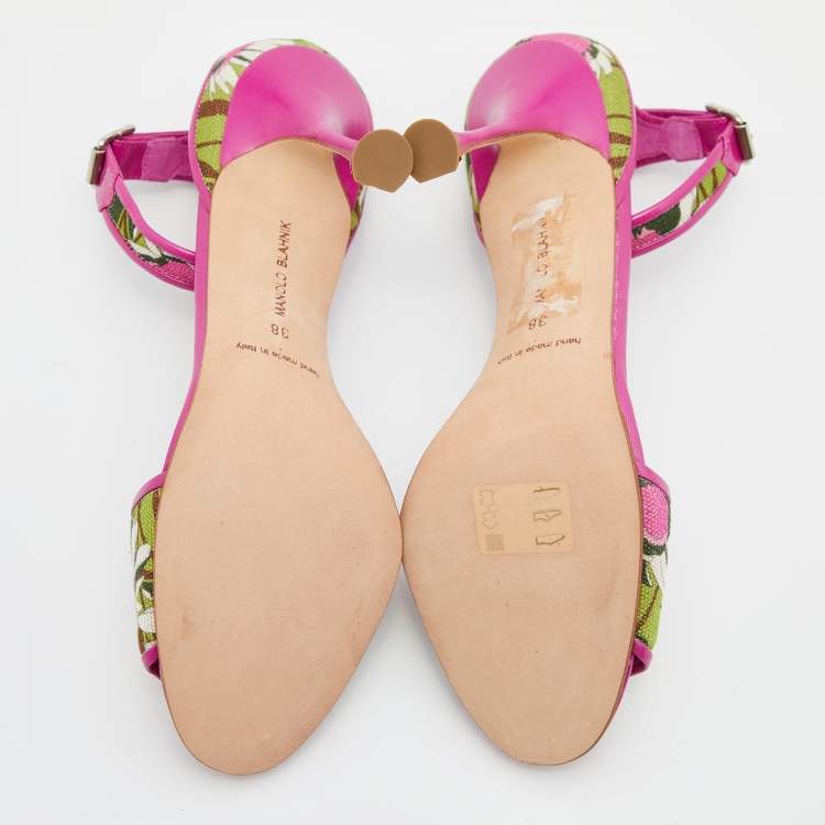 Pre Owned Manolo Blahnik Multicolor Floral Print Canvas and Leather Ankle Strap Sandals Size 38