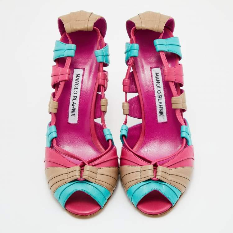 Pre Owned Manolo Blahnik Tri Color Leather Natuk Peep Toe Sandals Size 38.5