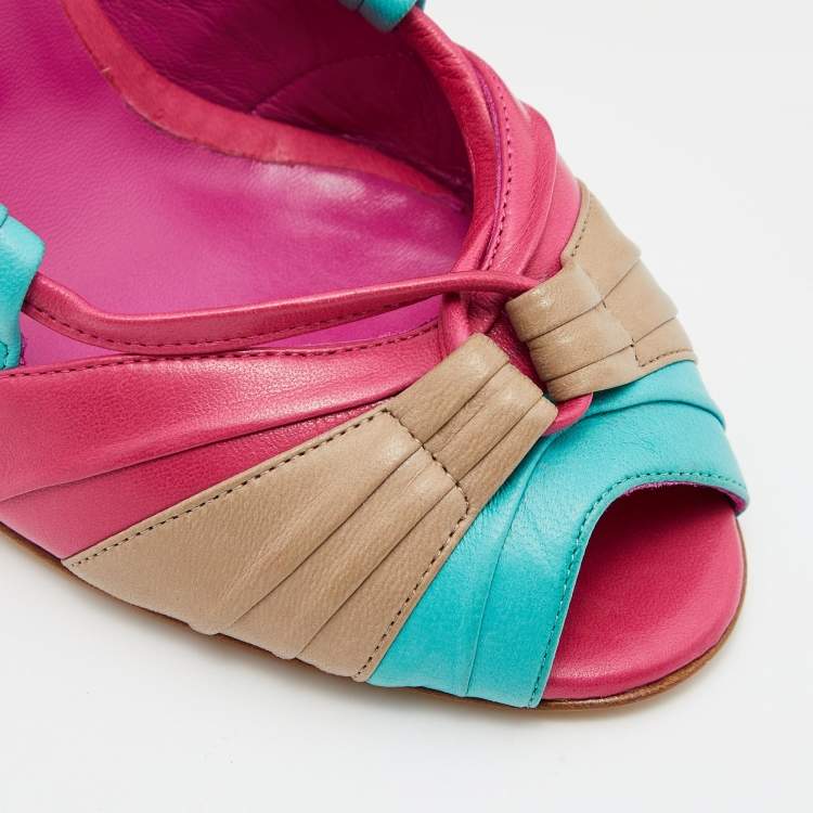 Pre Owned Manolo Blahnik Tri Color Leather Natuk Peep Toe Sandals Size 38.5