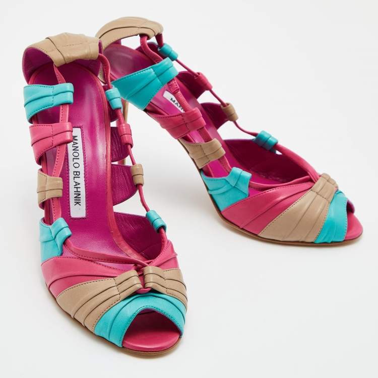 Pre Owned Manolo Blahnik Tri Color Leather Natuk Peep Toe Sandals Size 38.5