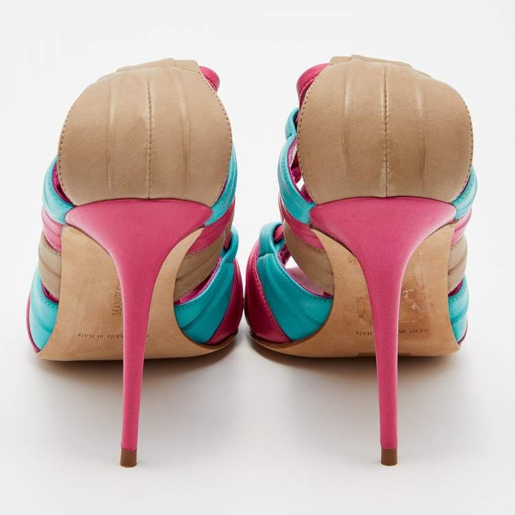 Pre Owned Manolo Blahnik Tri Color Leather Natuk Peep Toe Sandals Size 38.5