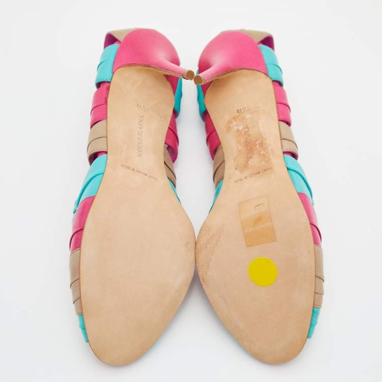 Pre Owned Manolo Blahnik Tri Color Leather Natuk Peep Toe Sandals Size 38.5