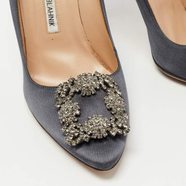Pre Owned Manolo Blahnik Dark Grey Satin Hangisi Pumps Size 38