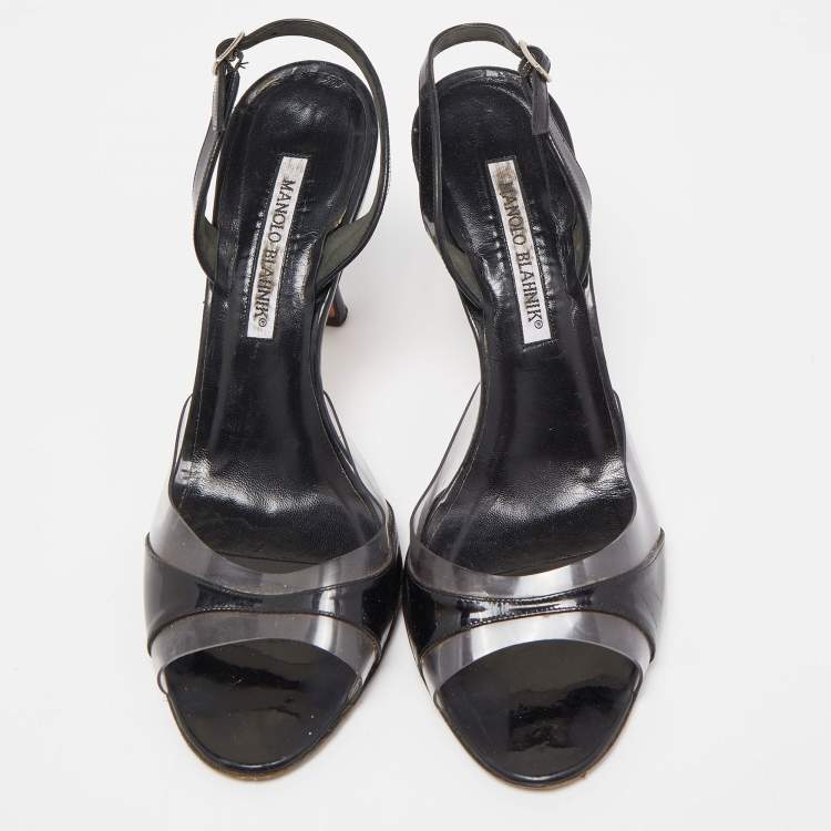 Pre Owned Manolo Blahnik Black Patent and PVC Slingback Sandals Size 38.5