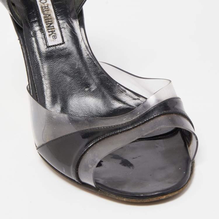 Pre Owned Manolo Blahnik Black Patent and PVC Slingback Sandals Size 38.5