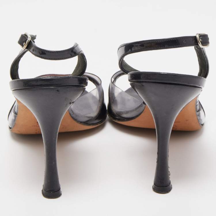 Pre Owned Manolo Blahnik Black Patent and PVC Slingback Sandals Size 38.5