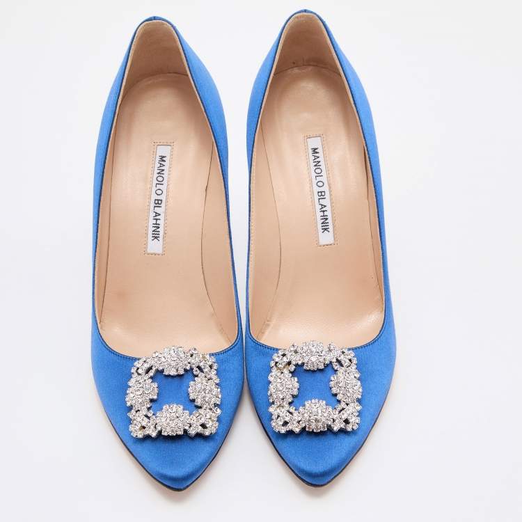Pre Owned Manolo Blahnik Blue Satin Hangisi Crystal Embellished Pumps Size 40