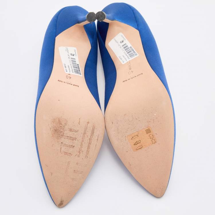 Pre Owned Manolo Blahnik Blue Satin Hangisi Crystal Embellished Pumps Size 40