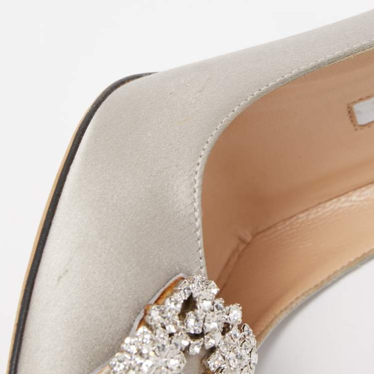 Pre Owned Manolo Blahnik Grey Satin Hangisi Slip On Pumps Size 36.5