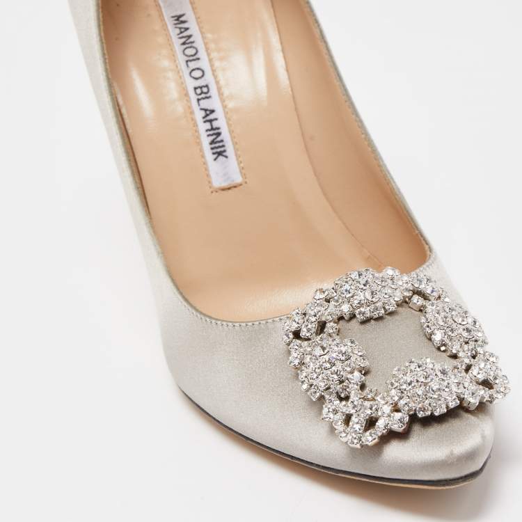 Pre Owned Manolo Blahnik Grey Satin Hangisi Slip On Pumps Size 36.5