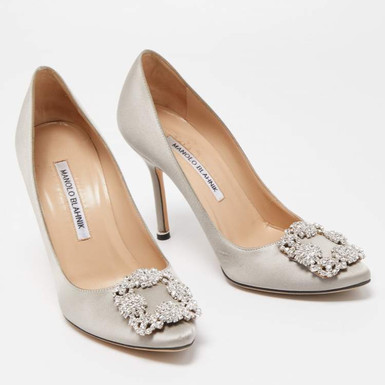 Pre Owned Manolo Blahnik Grey Satin Hangisi Slip On Pumps Size 36.5
