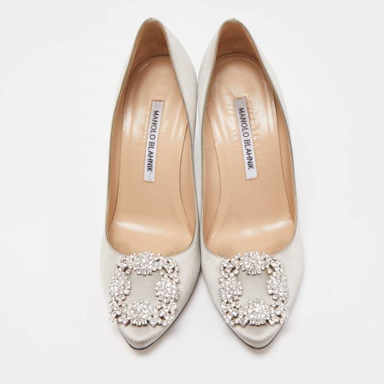 Pre Owned Manolo Blahnik Grey Satin Hangisi Slip On Pumps Size 36.5