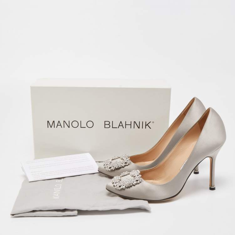 Pre Owned Manolo Blahnik Grey Satin Hangisi Slip On Pumps Size 36.5