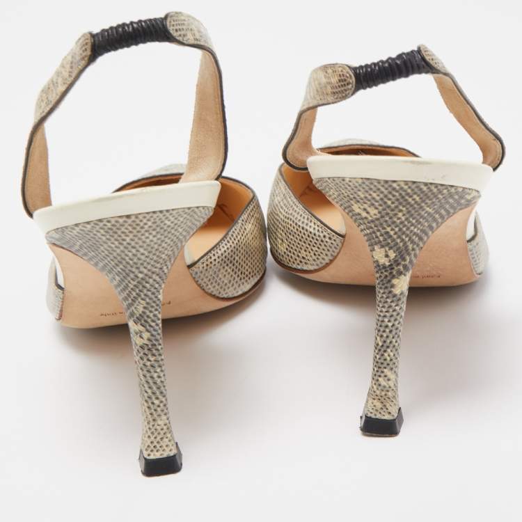 Pre Owned Manolo Blahnik Beige Lizard Carolyne Pointed Toe Slingback Sandals Size 41