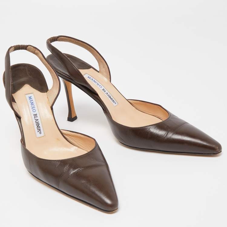 Pre Owned Manolo Blahnik Brown Leather Carolyne Pointed Toe Slingback Sandals Size 40.5