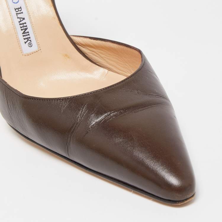 Pre Owned Manolo Blahnik Brown Leather Carolyne Pointed Toe Slingback Sandals Size 40.5