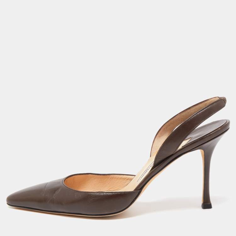 Pre Owned Manolo Blahnik Brown Leather Carolyne Pointed Toe Slingback Sandals Size 40.5