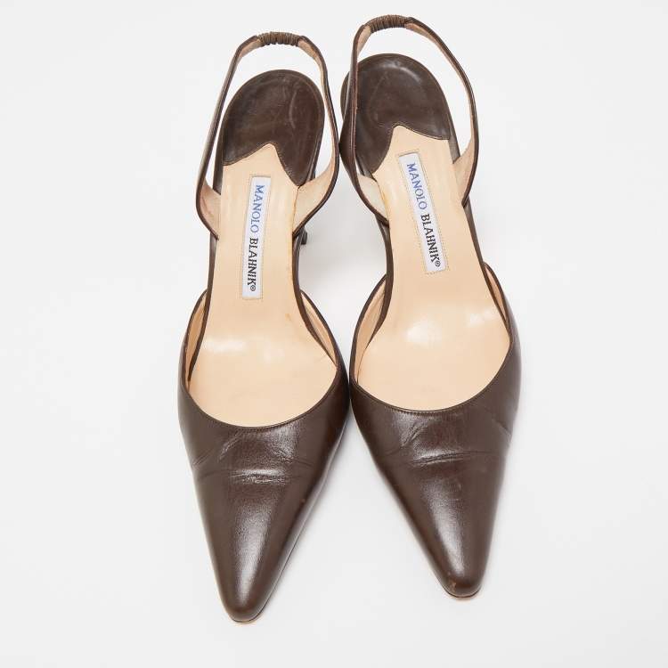 Pre Owned Manolo Blahnik Brown Leather Carolyne Pointed Toe Slingback Sandals Size 40.5