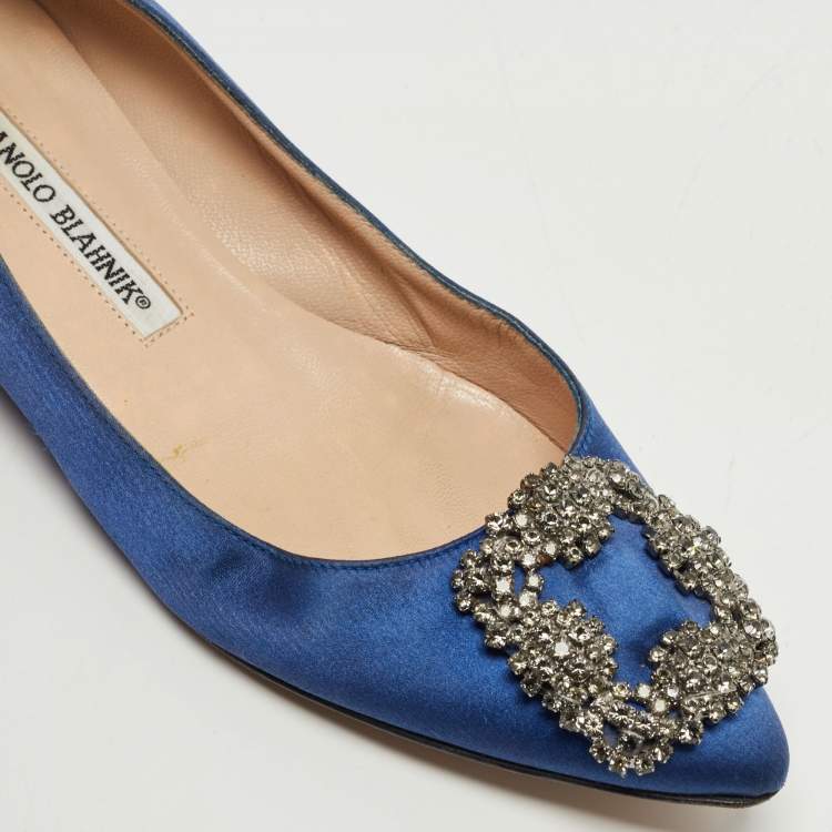 Pre Owned Manolo Blahnik Blue Satin Hangisi Crystals Ballet Flats Size 35.5
